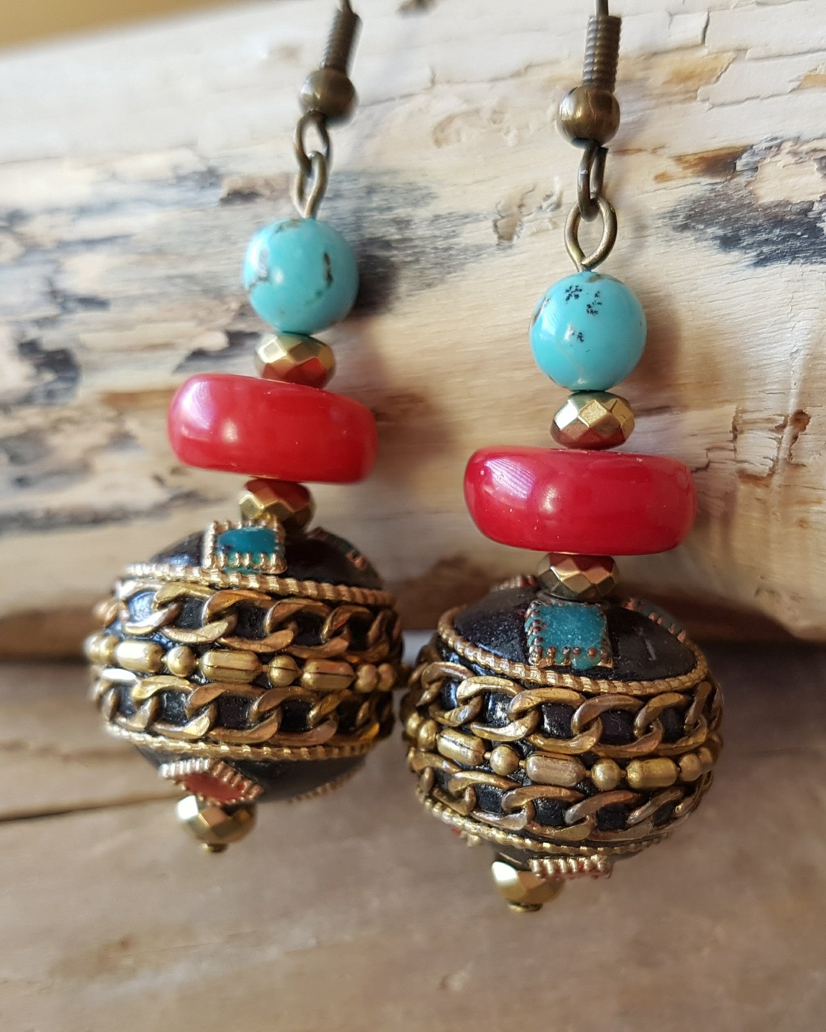 Tribal Dance Turquoise and Coral Earrings, Handmade-Tibet Nepalese Beads-Coral-Turquoise, Hematite-Bohemian Earrings-Fair Trade-Vegan Friendly-Multi Color