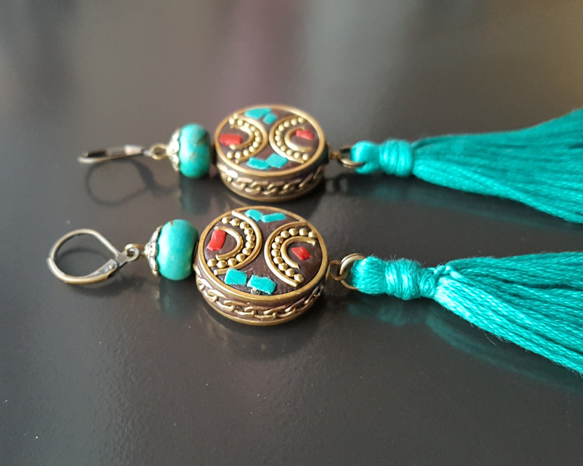 Long Turquoise Tibetan Tassel Earrings-Handcrafted-Long Turquoise Tassel Earrings with Handmade Nepalese Tibet style beads and Turquoise Howlite