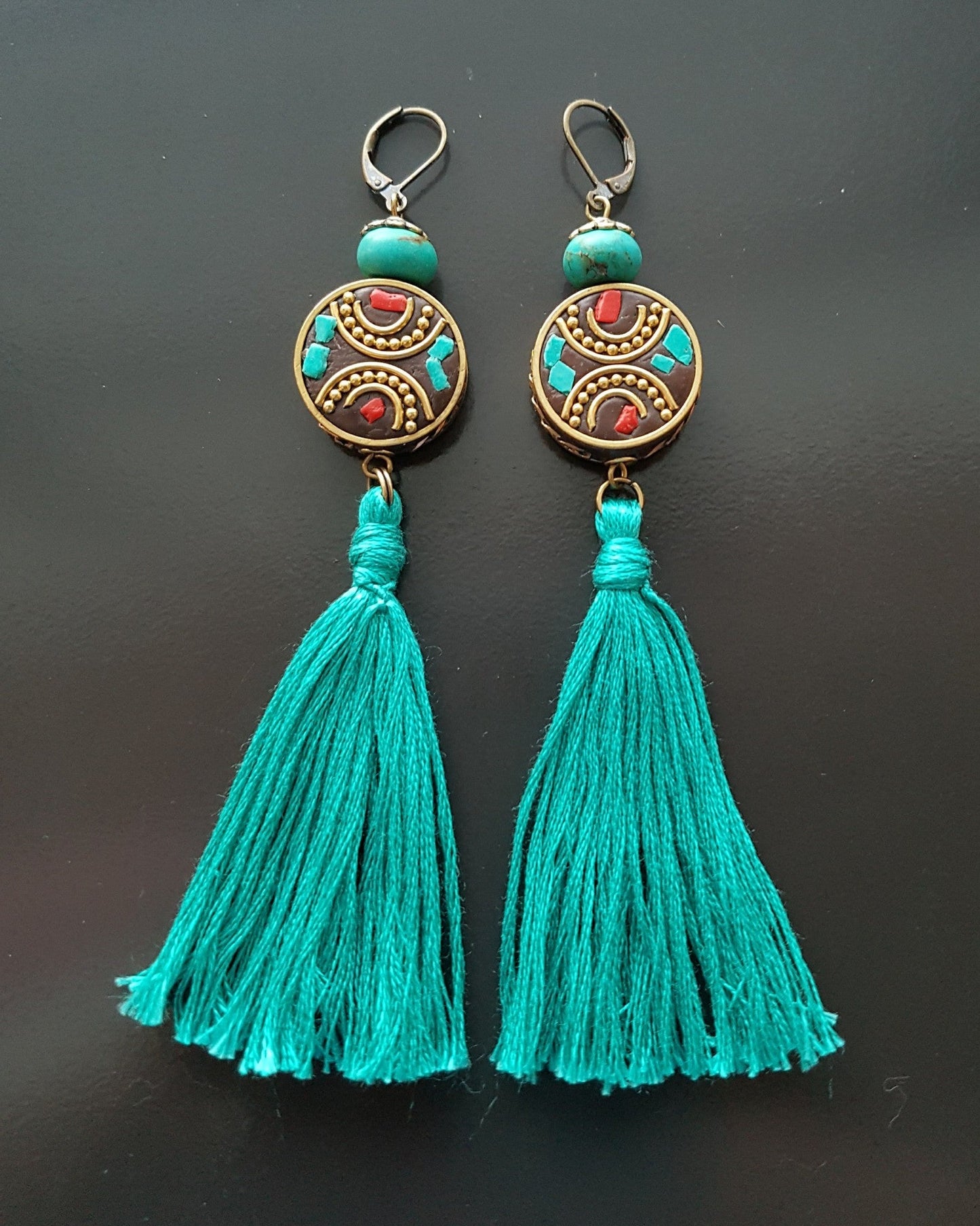 Long Turquoise Tibetan Tassel Earrings-Handcrafted-Long Turquoise Tassel Earrings with Handmade Nepalese Tibet style beads and Turquoise Howlite