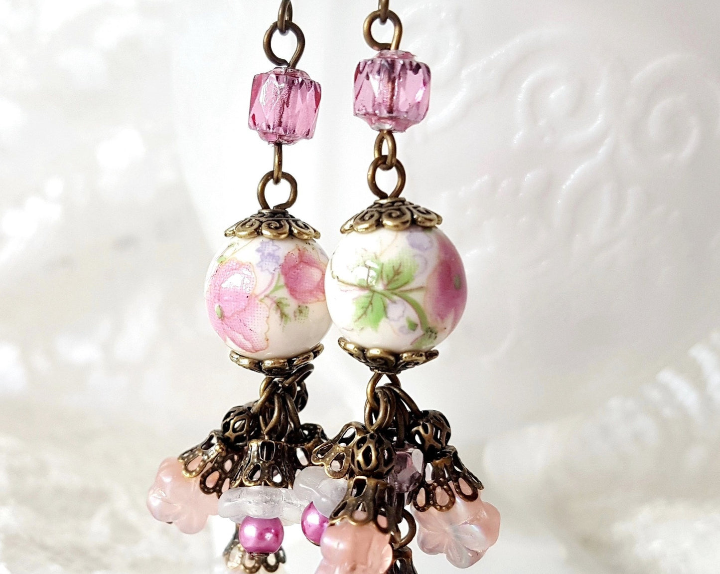 Antique Romance Floral Garden Earrings-Handmade-Pink-Flowers-Antique Brass