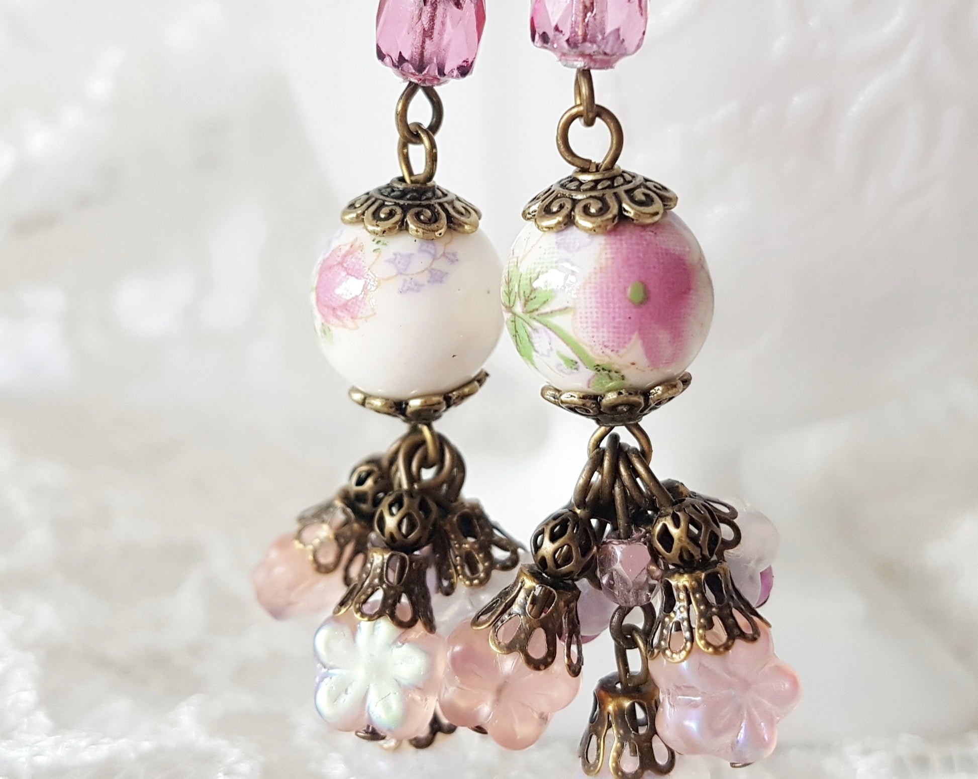 Antique Romance Floral Garden Earrings-Handmade-Pink-Flowers-Antique Brass