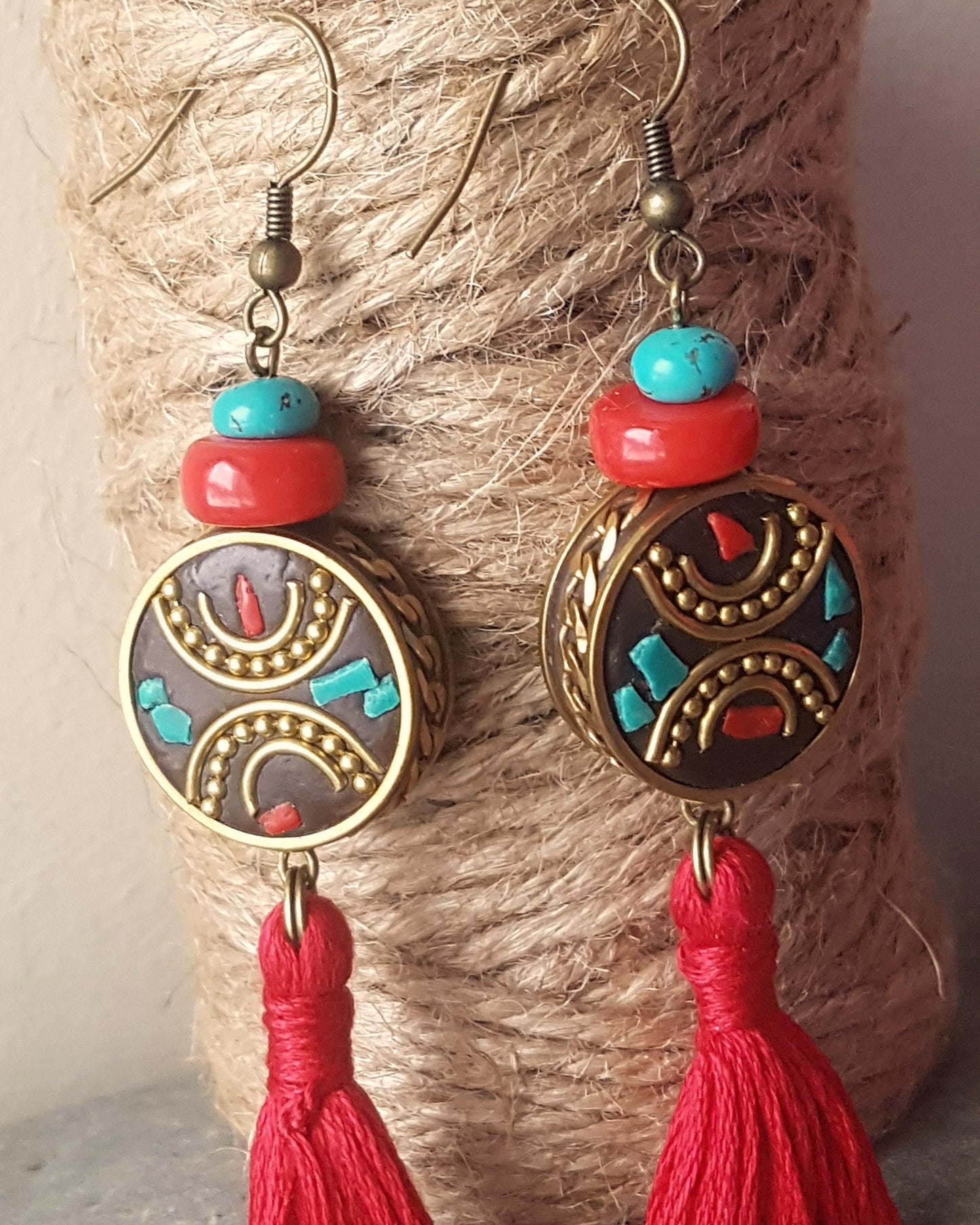 Long Red Tibetan Tassel Earrings