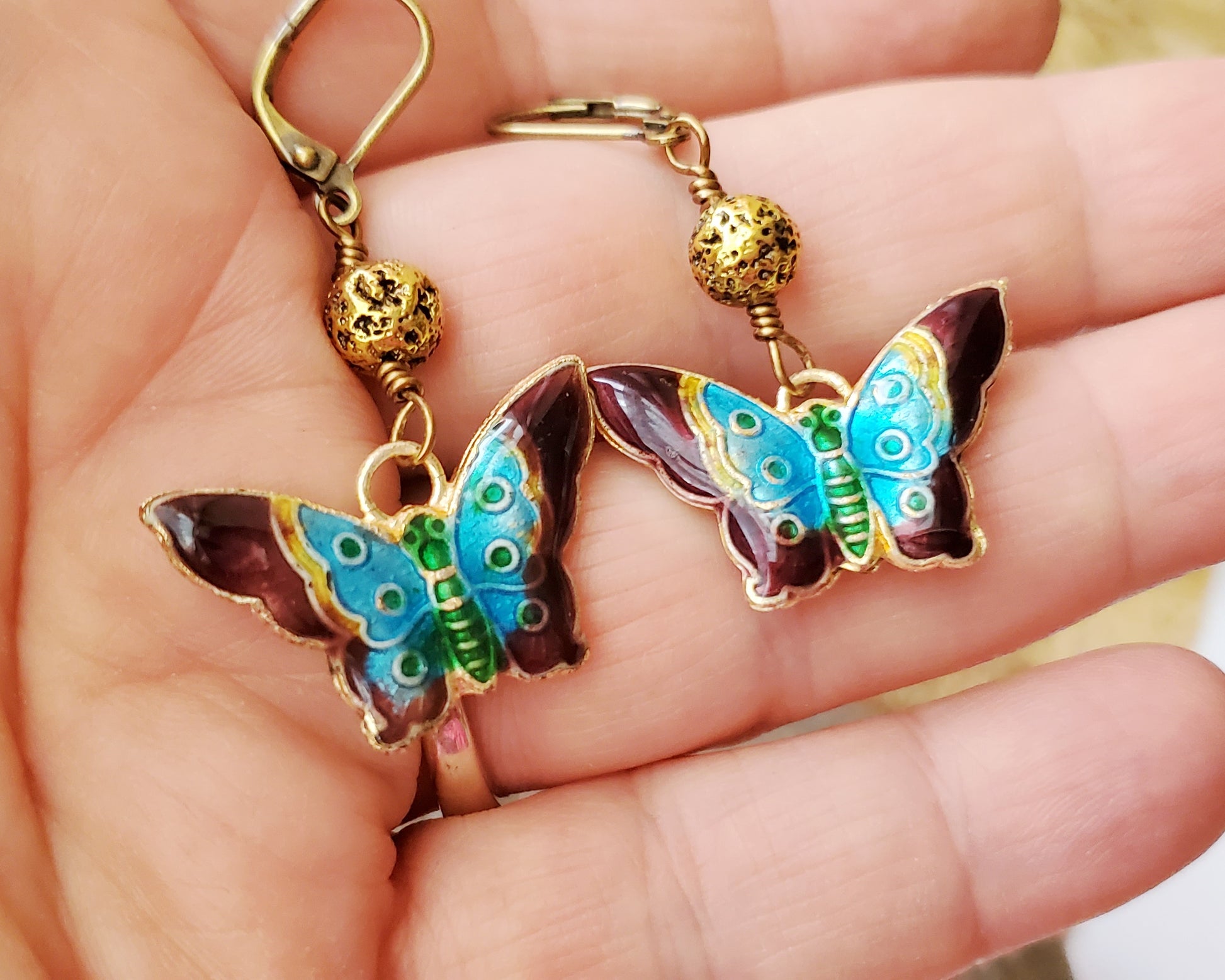 Enamel Butterfly Gold Lava Stone Earrings, Butterfly Earrings, Cloisonne Butterfly, Lava Stone