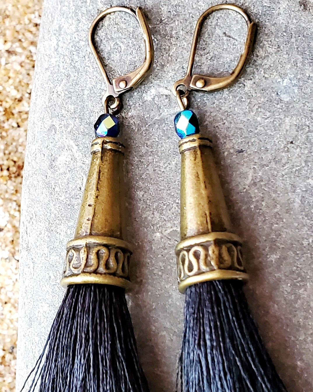 Long Black Tassel Earrings, Art Deco Inspired Tassel Earrings, Upcycled, Repurposed Fibres