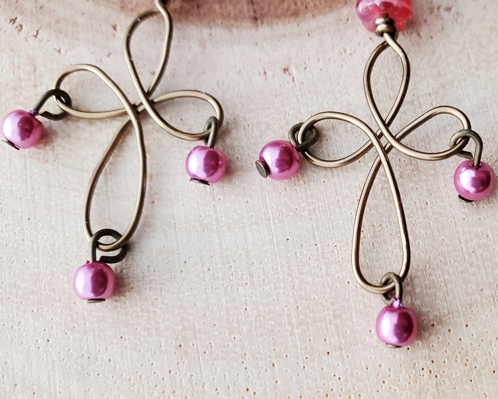 Long Pink Floral Cross Earrings, Vintage Inspired with Large Hand forged Antique Brass Cross, pink Pearls and Flowers with leaver back earring hooks