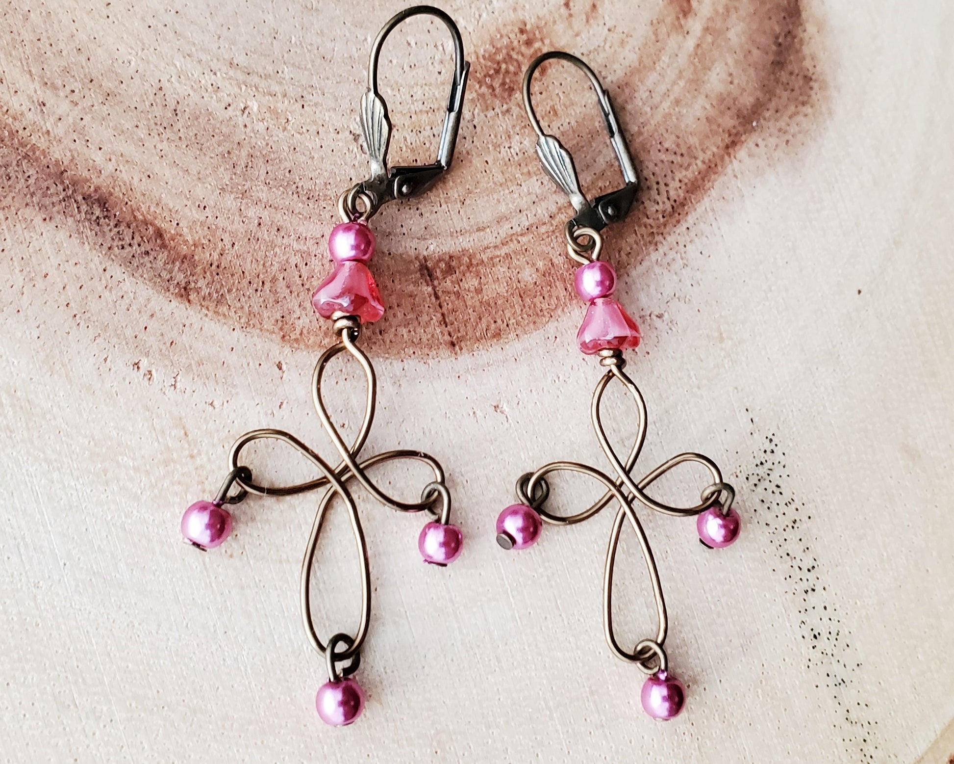 Long Pink Floral Cross Earrings, Vintage Inspired with Large Hand forged Antique Brass Cross, pink Pearls and Flowers with leaver back earring hooks