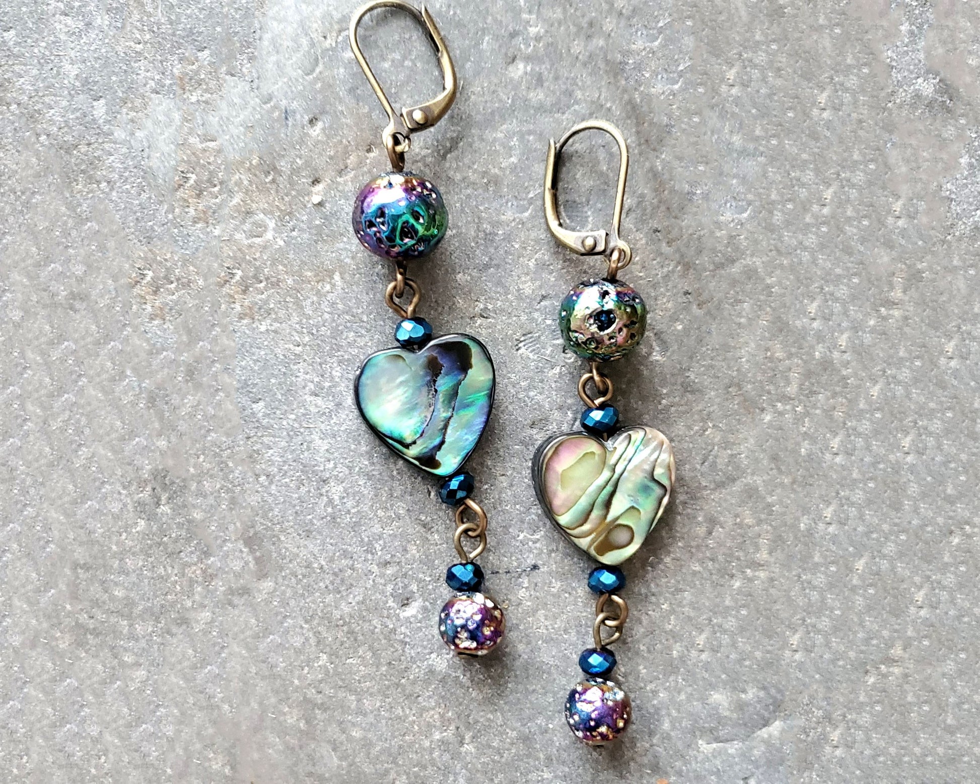 Long Titanium Lava Stone Abalone Heart Earrings, Abalone Earrings, Heart Earrings,