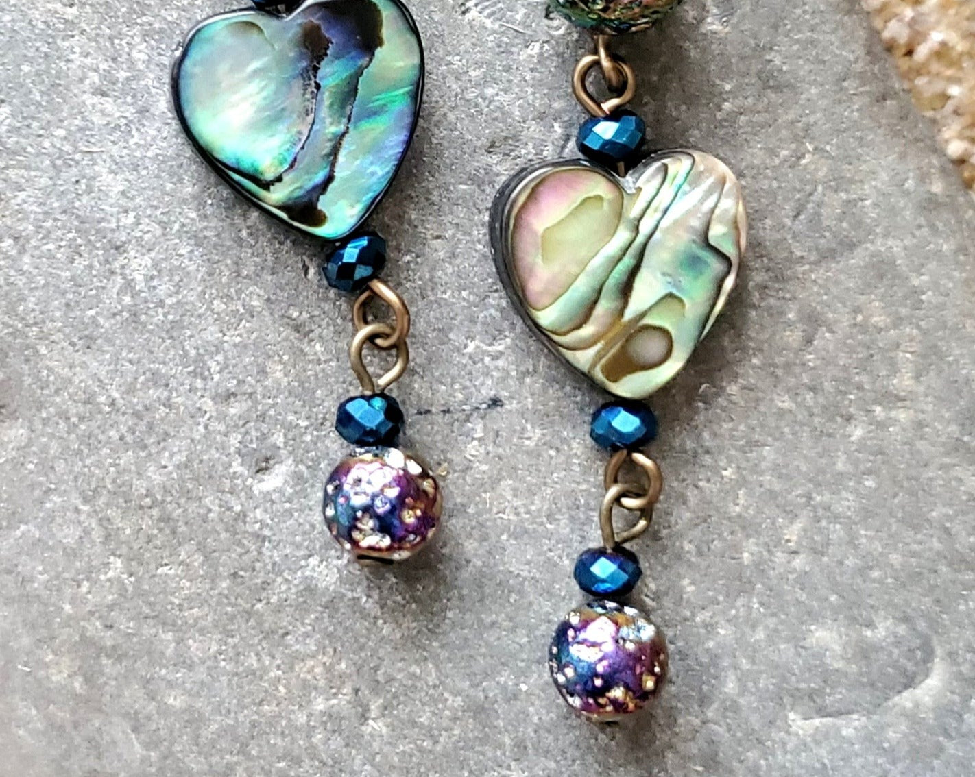 Long Titanium Lava Stone Abalone Heart Earrings, Abalone Earrings, Heart Earrings, 