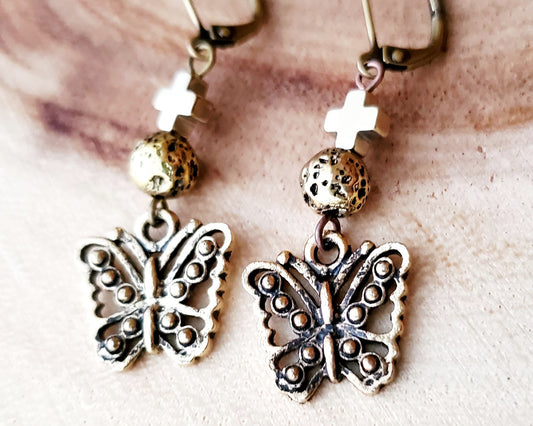 Transformation Butterfly Cross Lava Stone Earrings,  Gold Butterfly Earrings, Cross, Lava Stone, Hematite