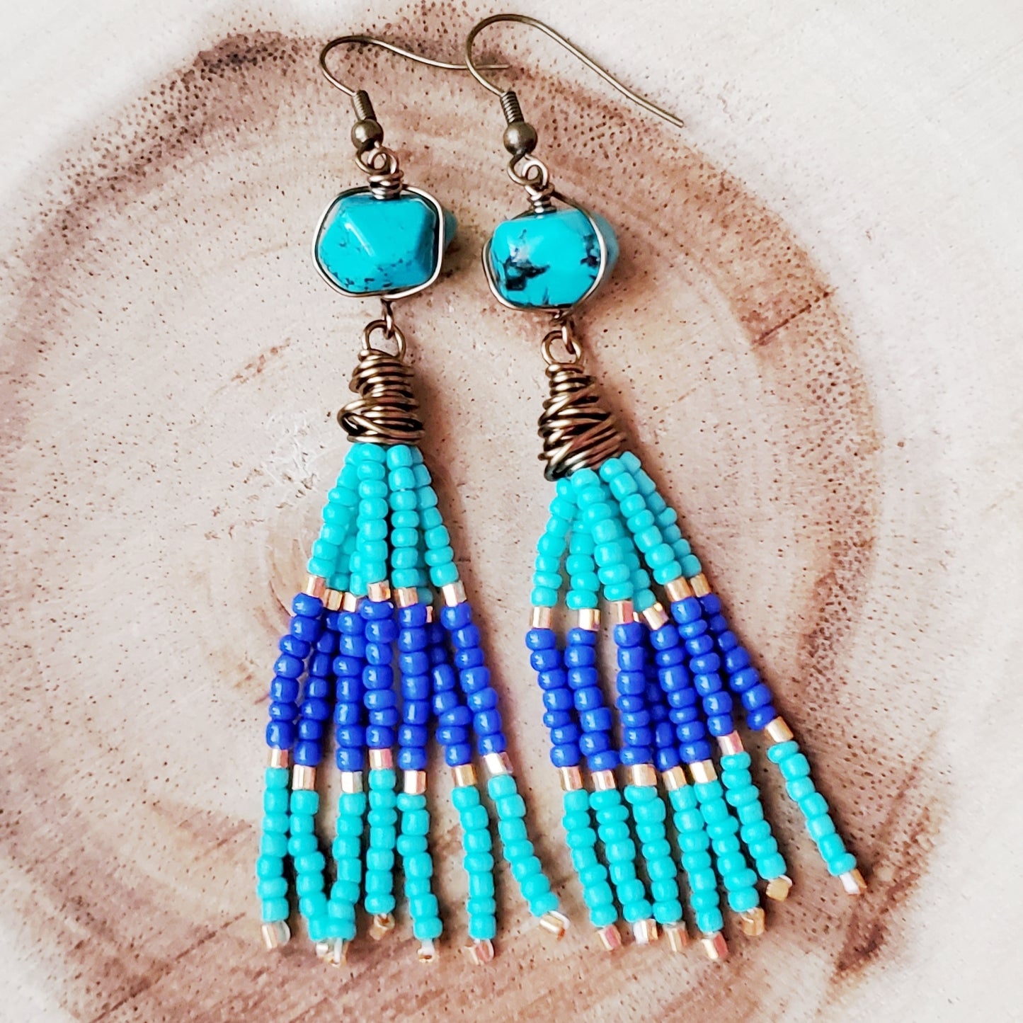 Long Beaded Turquoise Tassel Egyptian Inspired Earrings, One of a Kind Beaded Tassel Earrings