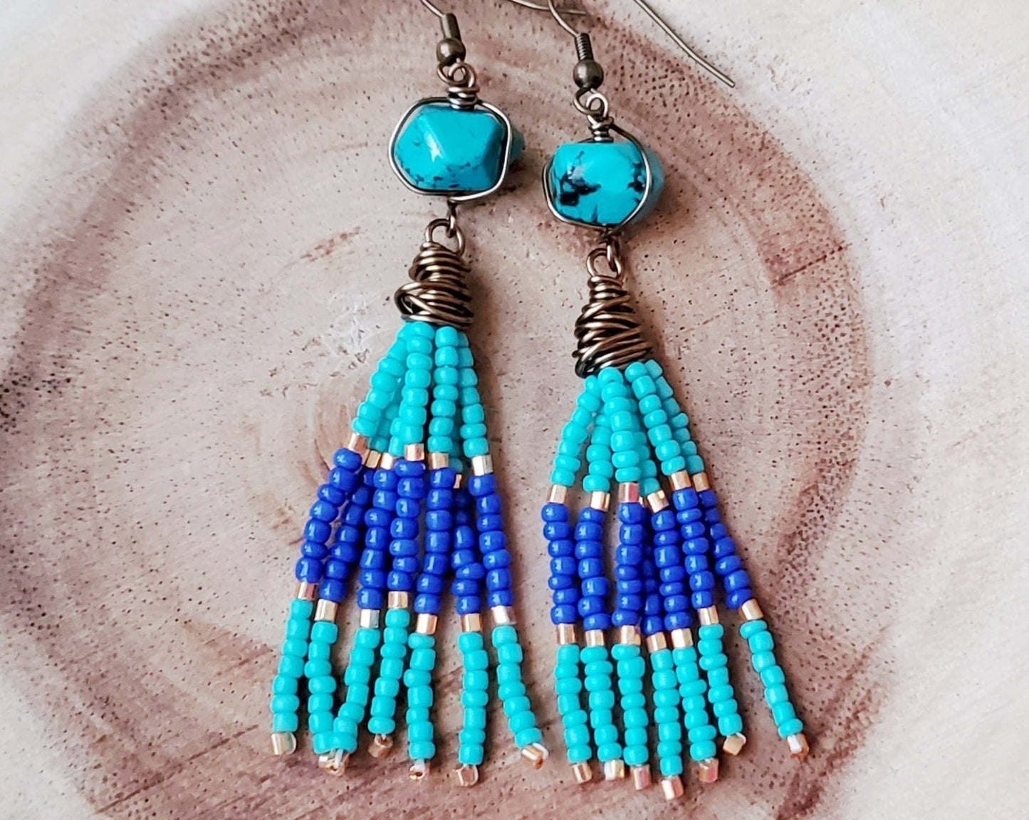 Long Beaded Turquoise Tassel Egyptian Inspired Earrings, One of a Kind Beaded Tassel Earrings