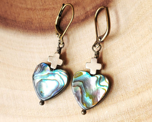 Sacred Heart Abalone Cross Earrings, Antique Style Christian Earrings, Genuine Abalone