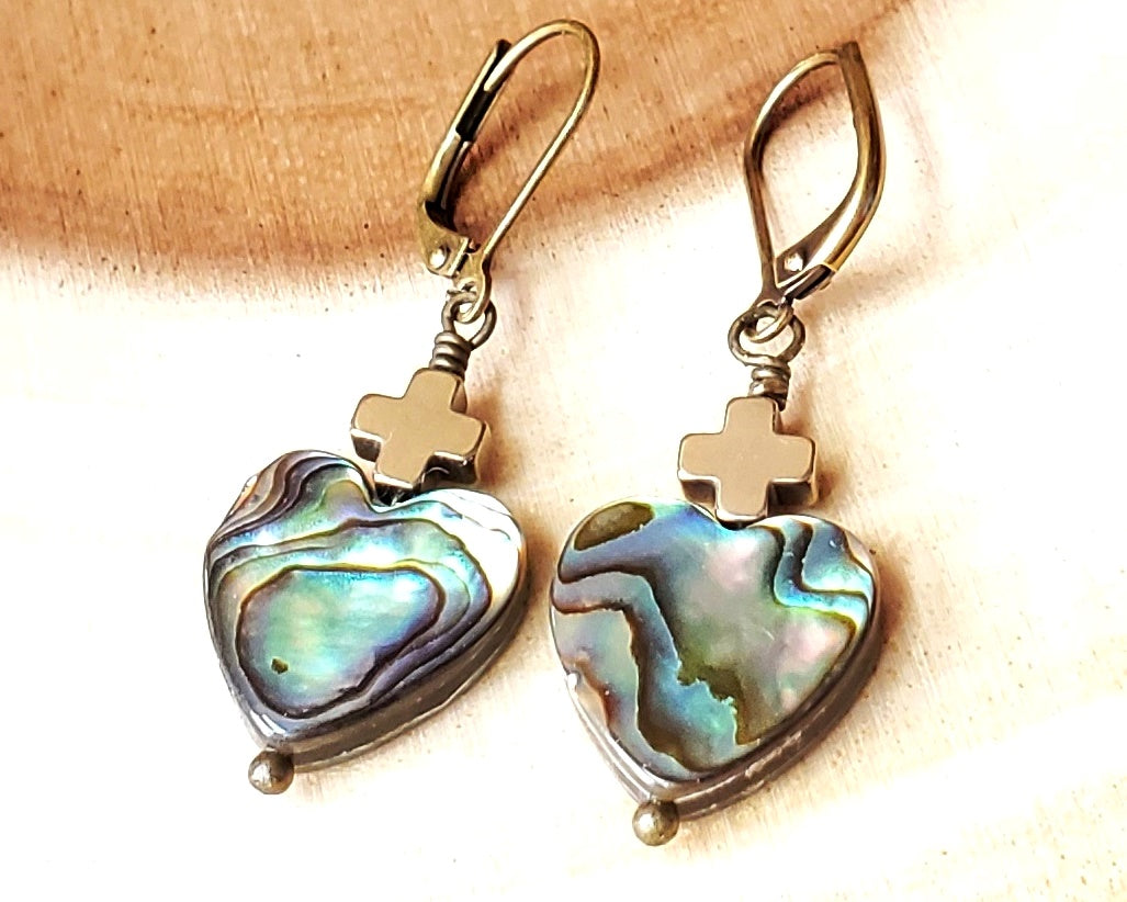 Sacred Heart Abalone Cross Earrings, Antique Style Christian Earrings, Genuine Abalone