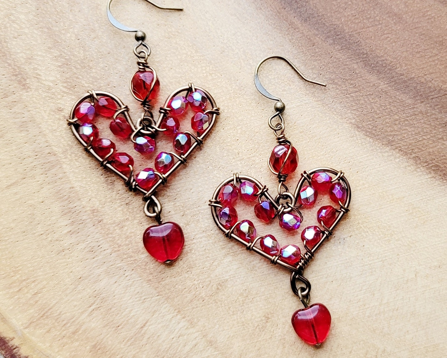 Brilliant Red Heart Earrings, Long Chandelier style Large, sparkly Red Heart Earrings