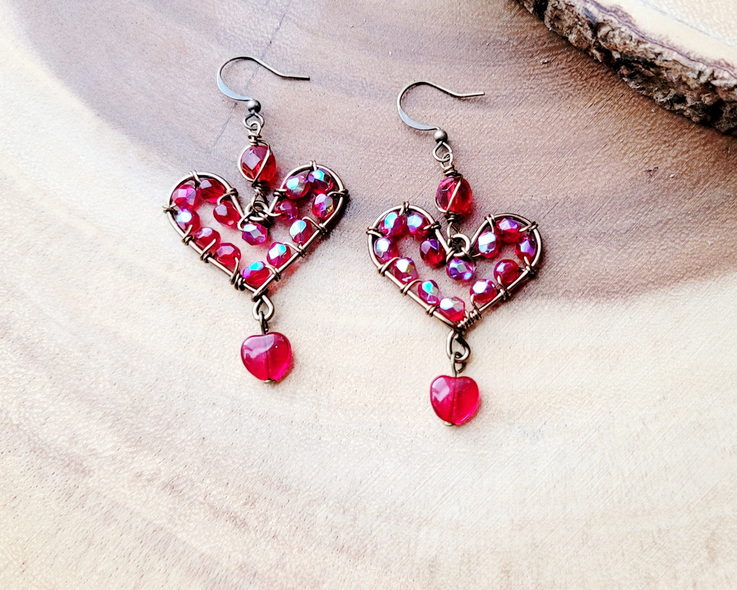 Brilliant Red Heart Earrings, Long Chandelier style Large, sparkly Red Heart Earrings