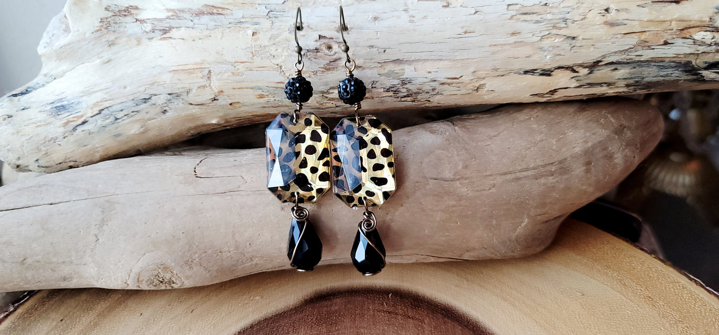 Wild and Fun Leopard and Vintage Black Crystal Earrings Handmade with Upcycled Vintage and New Crystal, Repurposed Leopard rhinestones