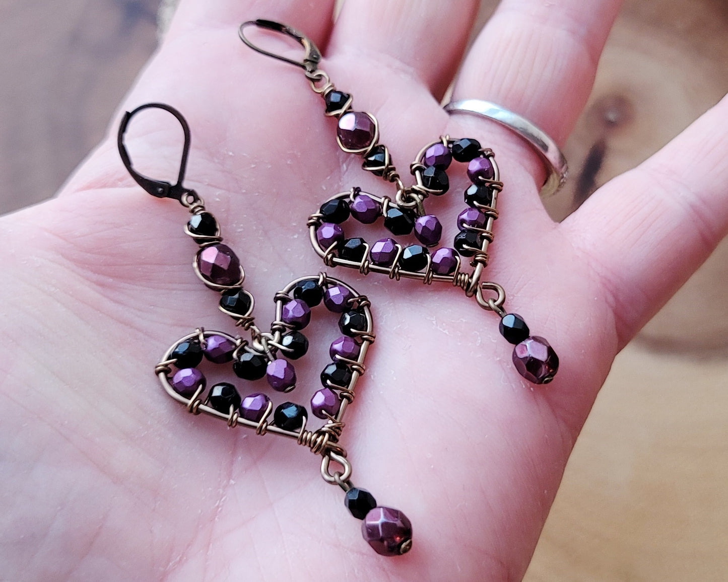 Plum Purple and Black Sparkle Heart Earrings