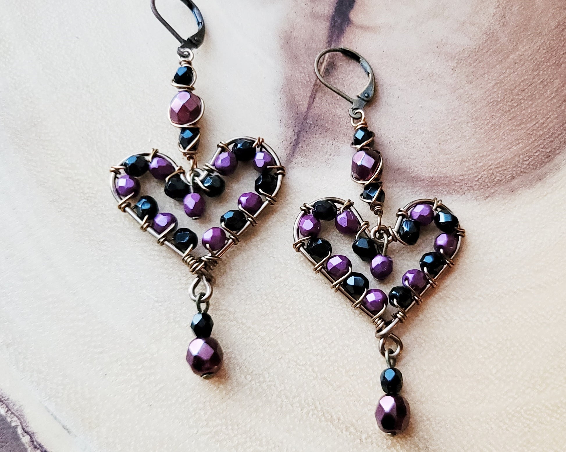 Plum Purple and Black  Sparkly Large Heart Earrings
