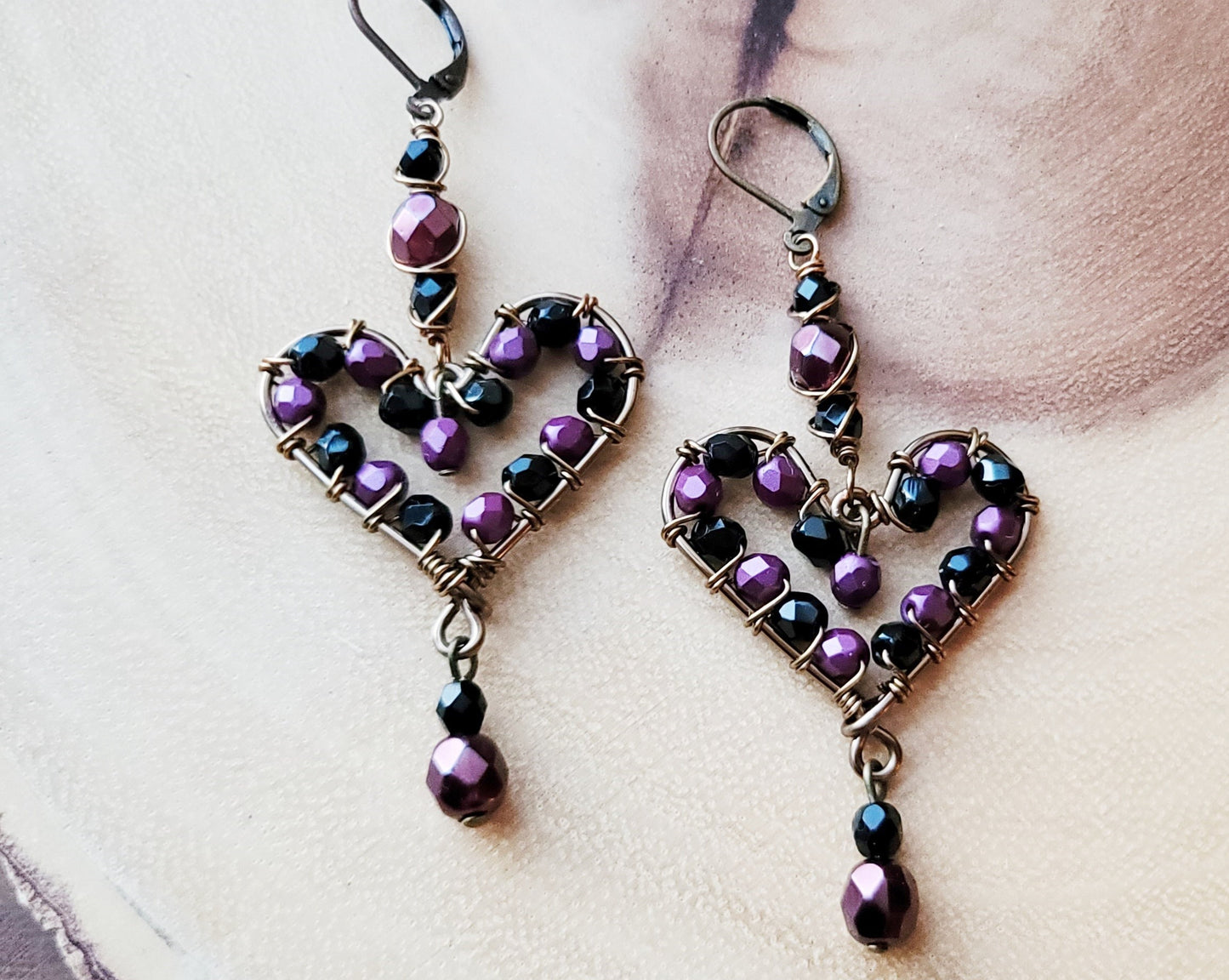 Plum Purple and Black Sparkle Heart Earrings