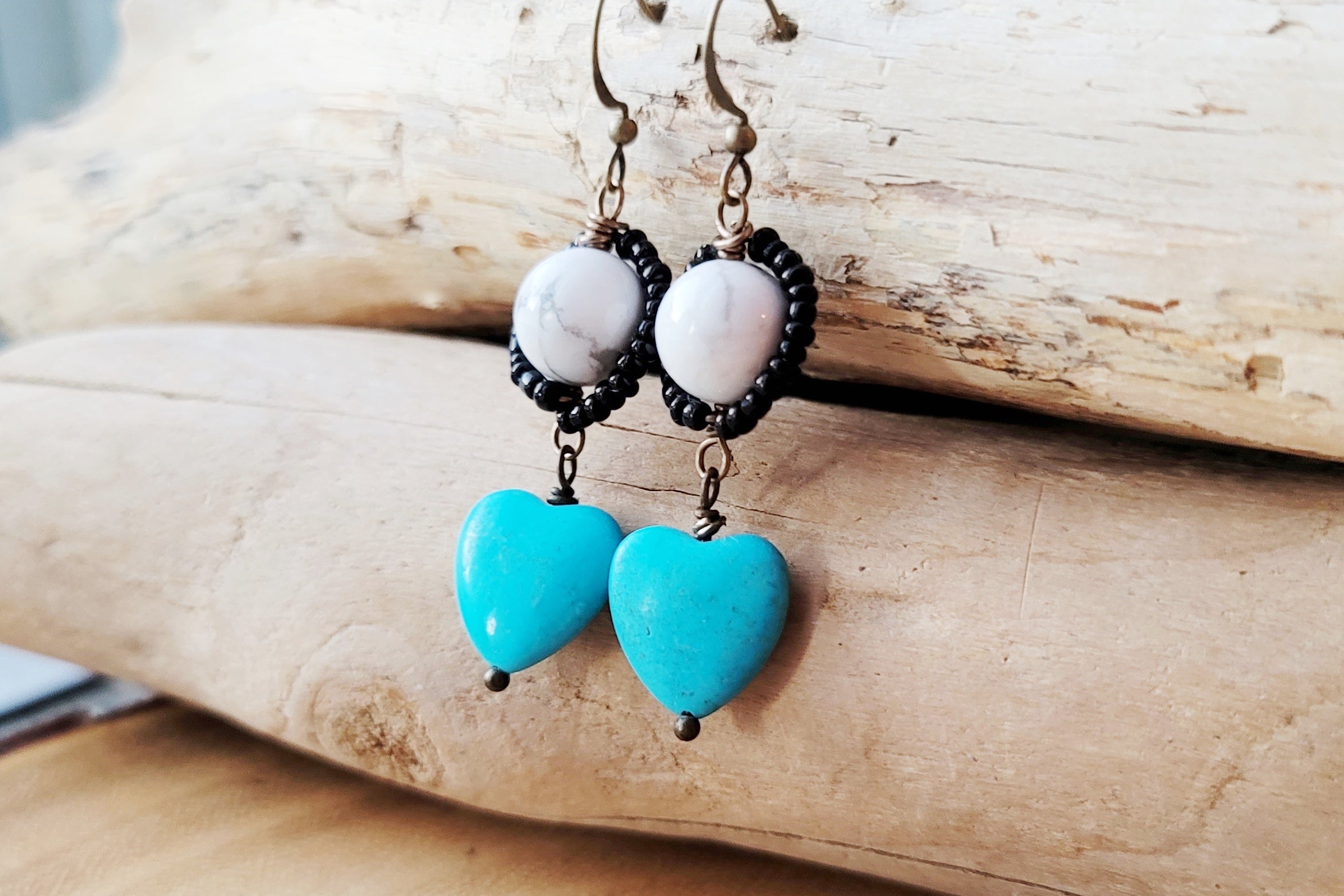 Love Everyday White Howlite and Turquoise Heart Earrings