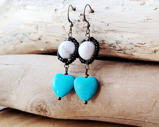 Turquoise Heart and natural white Howlite accented with tiny black seed beads
