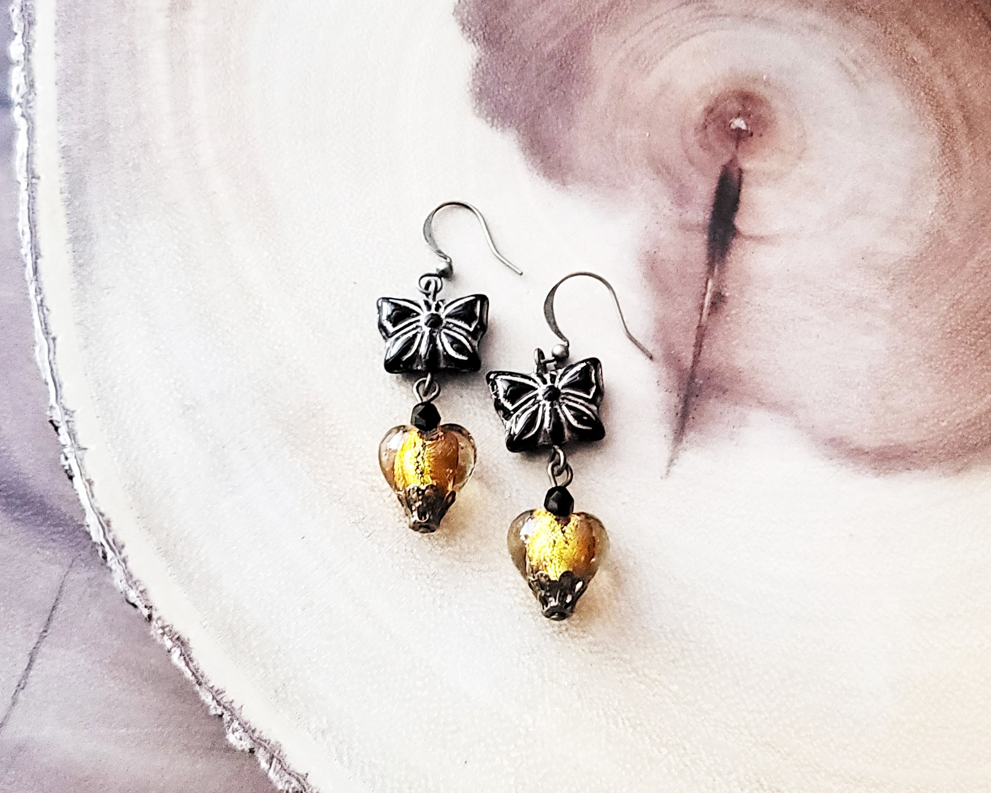 Victorian inspired Butterfly Heart Earrings, Black Czech Glass Butterflies & Gold Foil Glass Hearts 