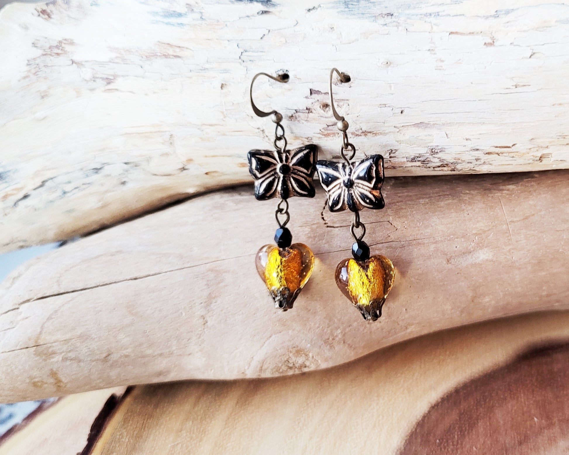 Victorian inspired Butterfly Heart Earrings, Black Czech Glass Butterflies & Gold Foil Glass Hearts 