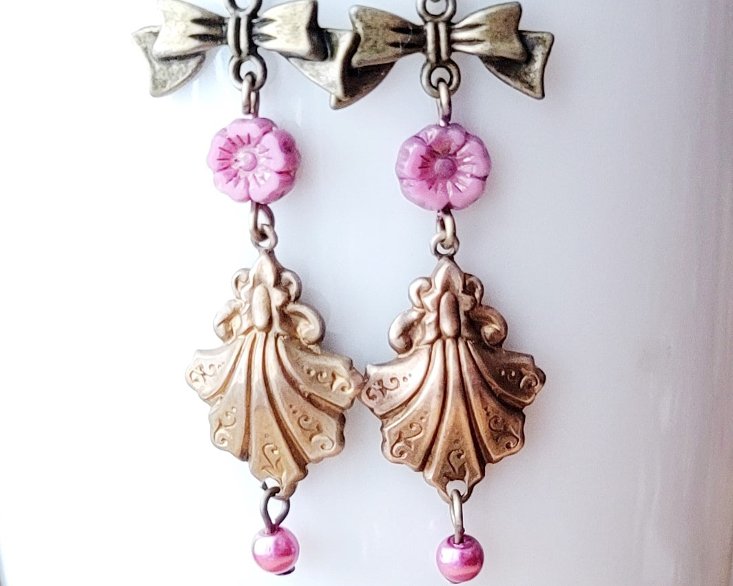 Vintage Romance Flower Shell Bow Earrings made with Upcycled Vintage Shells, Pink Flowers and Bows. Displayed on white 