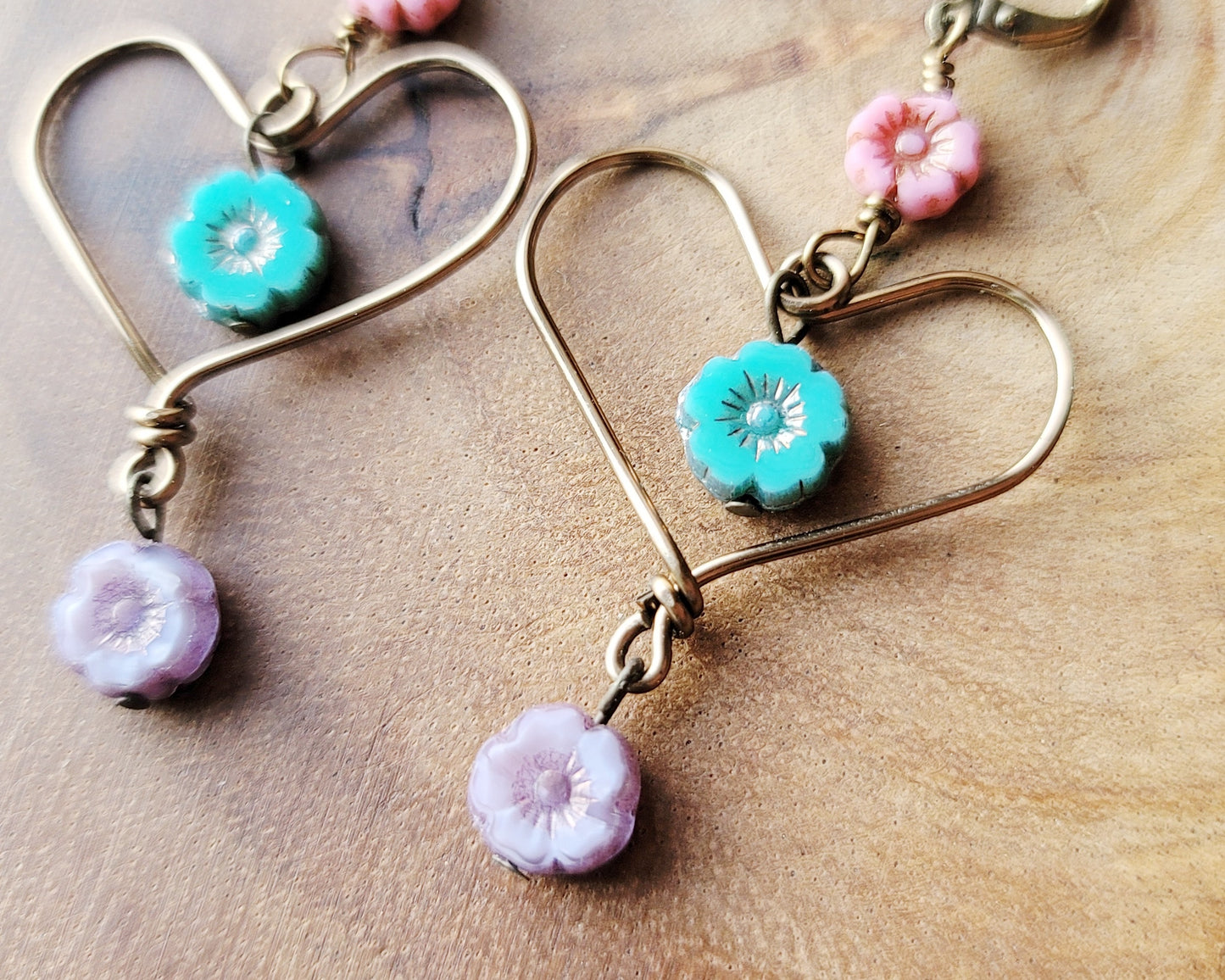 Long Heart Flower Earrings, Hand forged, large Heart with glass Flowers: Pink, Blue and Lavender