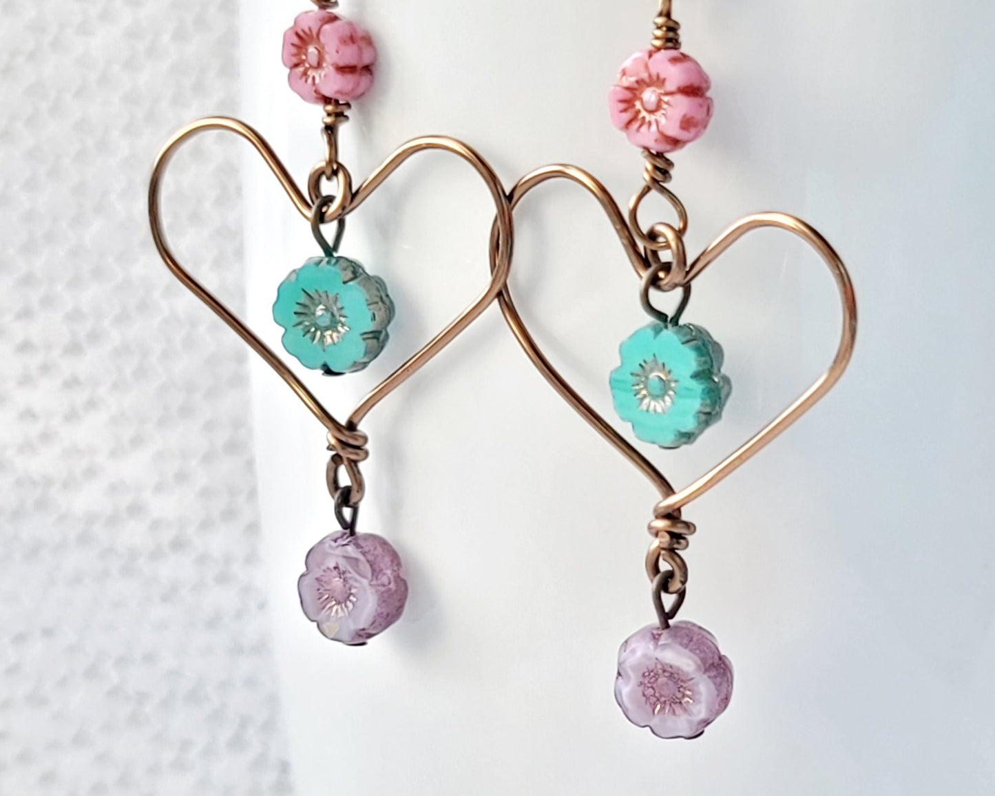 Long Heart Flower Earrings, Hand forged, large Heart with glass Flowers: Pink, Blue and Lavender