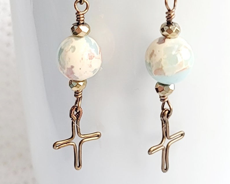 Heavenly Sky Cross Earrings, Long Cross Earrings made with Imperial Jasper, Sea Sediment Jasper, Hematite and Antique Brass