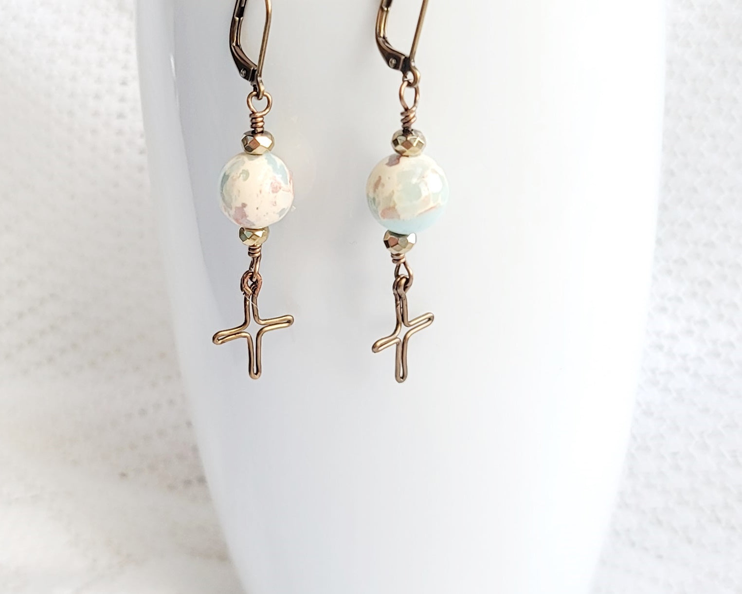Heavenly Sky Cross Earrings, Long Cross Earrings made with Imperial Jasper, Sea Sediment Jasper, Hematite and Antique Brass