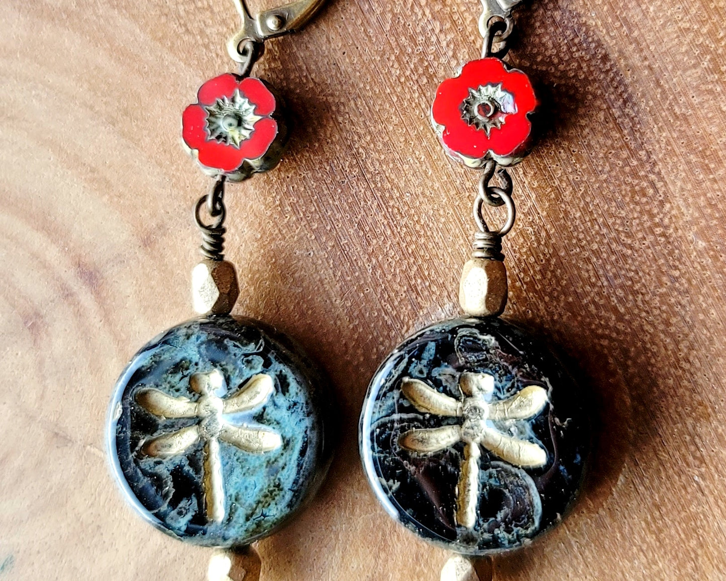 Long Dragonfly Black, Gold and Red Flower Earrings, Long Vintage Style Earrings made with  Black & Gold Dragonfly Glass beads and Red & gold Flower Beads. 