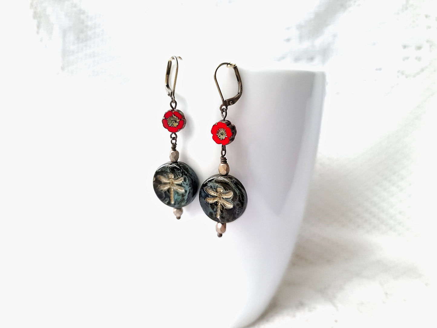 Long Dragonfly Black, Gold and Red Flower Earrings