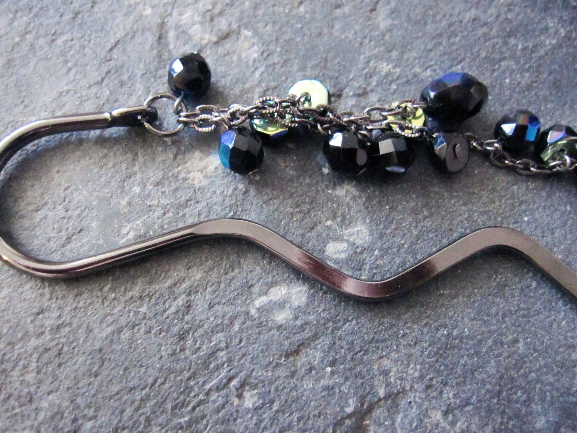 Midnight Aurora Borealis Sparkle Gun Metal Bookmark-Black AB Czech Fire Polished Glass Beads-Long Beaded Dangles-Shiny Black Metal