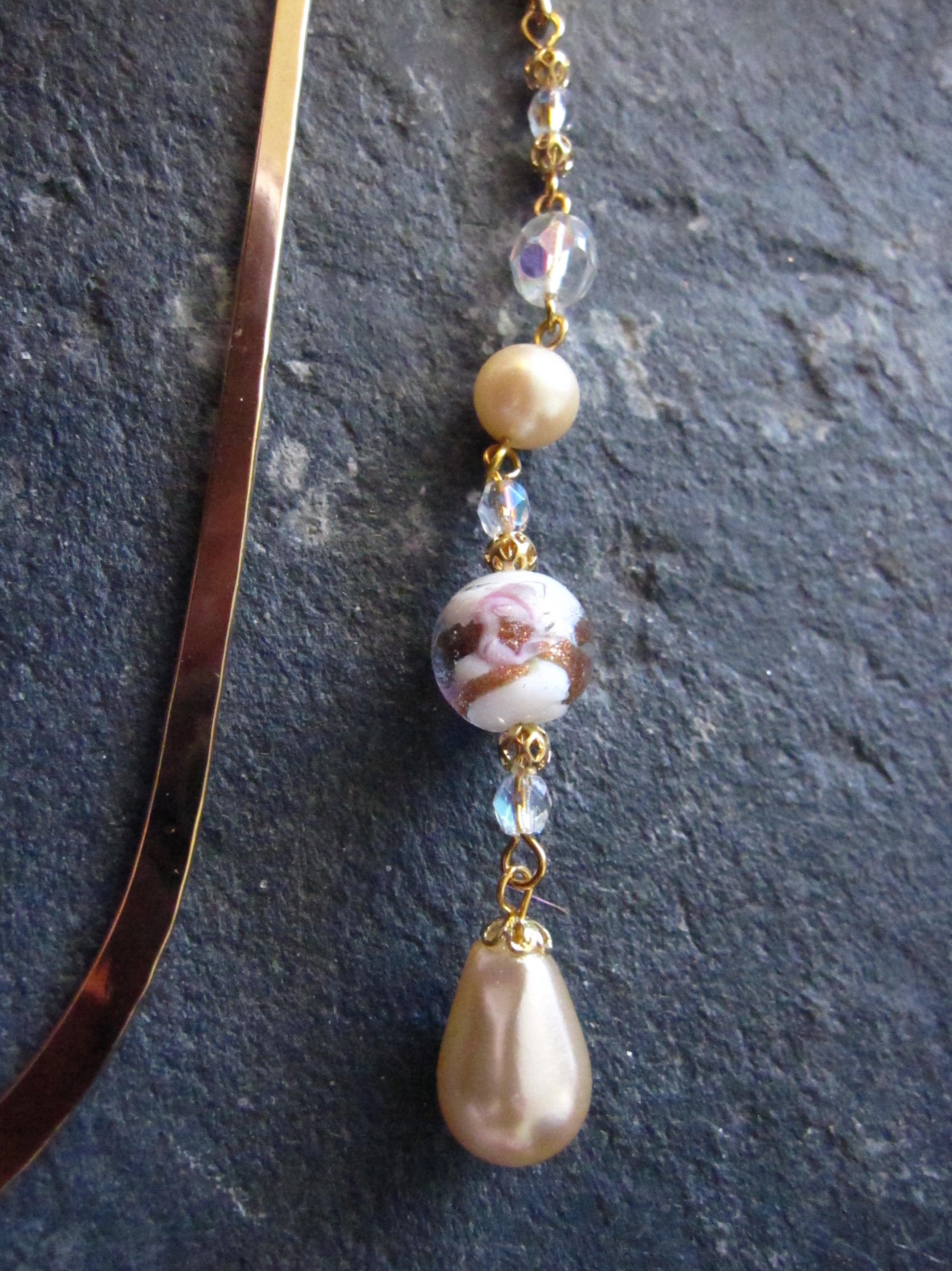 Royal Pearl Floral Bookmark-Long Gold Beaded Bookmark-Floral Glass Bead-Large Pearl Drop-Sparkly Czech Fire Polish Beads