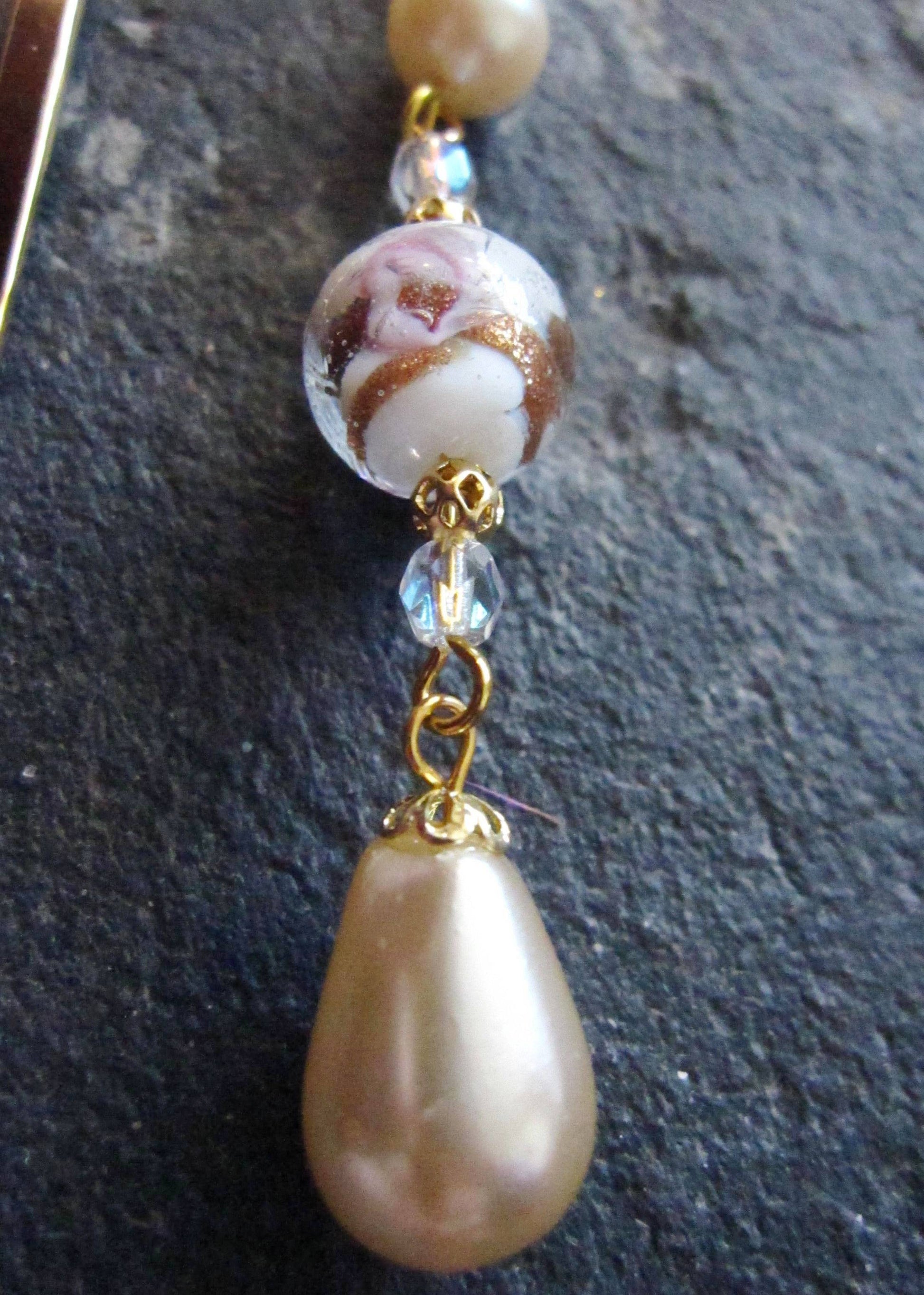 Royal Pearl Floral Bookmark-Long Gold Beaded Bookmark-Floral Glass Bead-Large Pearl Drop-Sparkly Czech Fire Polish Beads