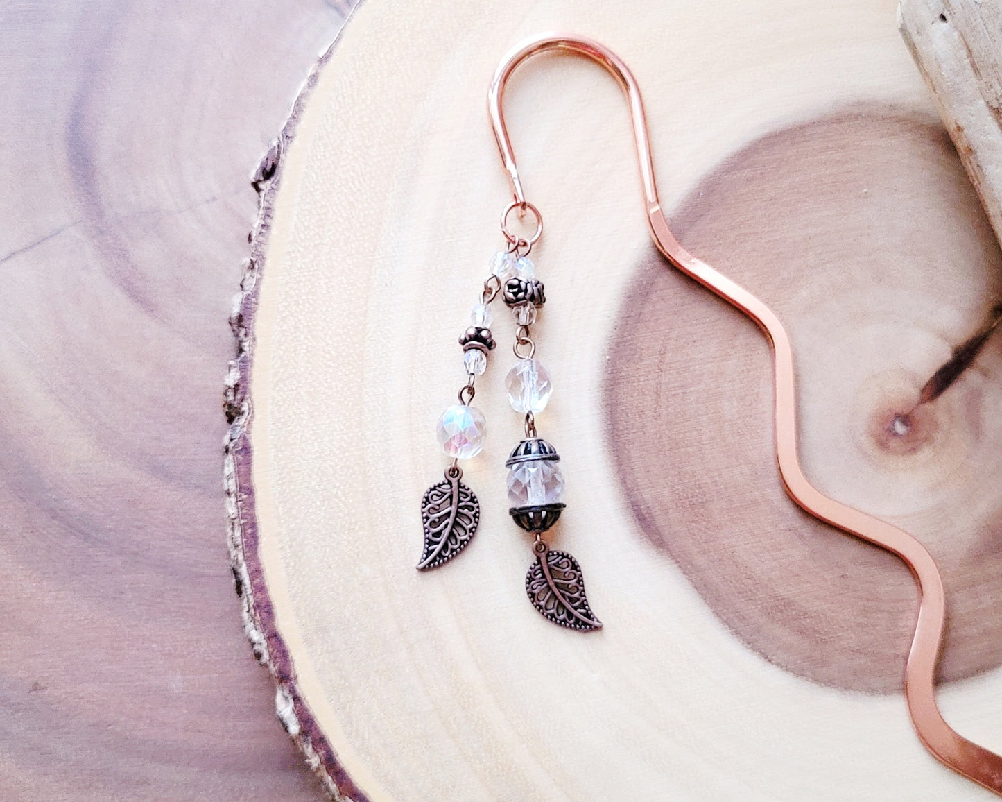 Long Dangly Leaf Beaded Bookmark with Rose Gold Bar
