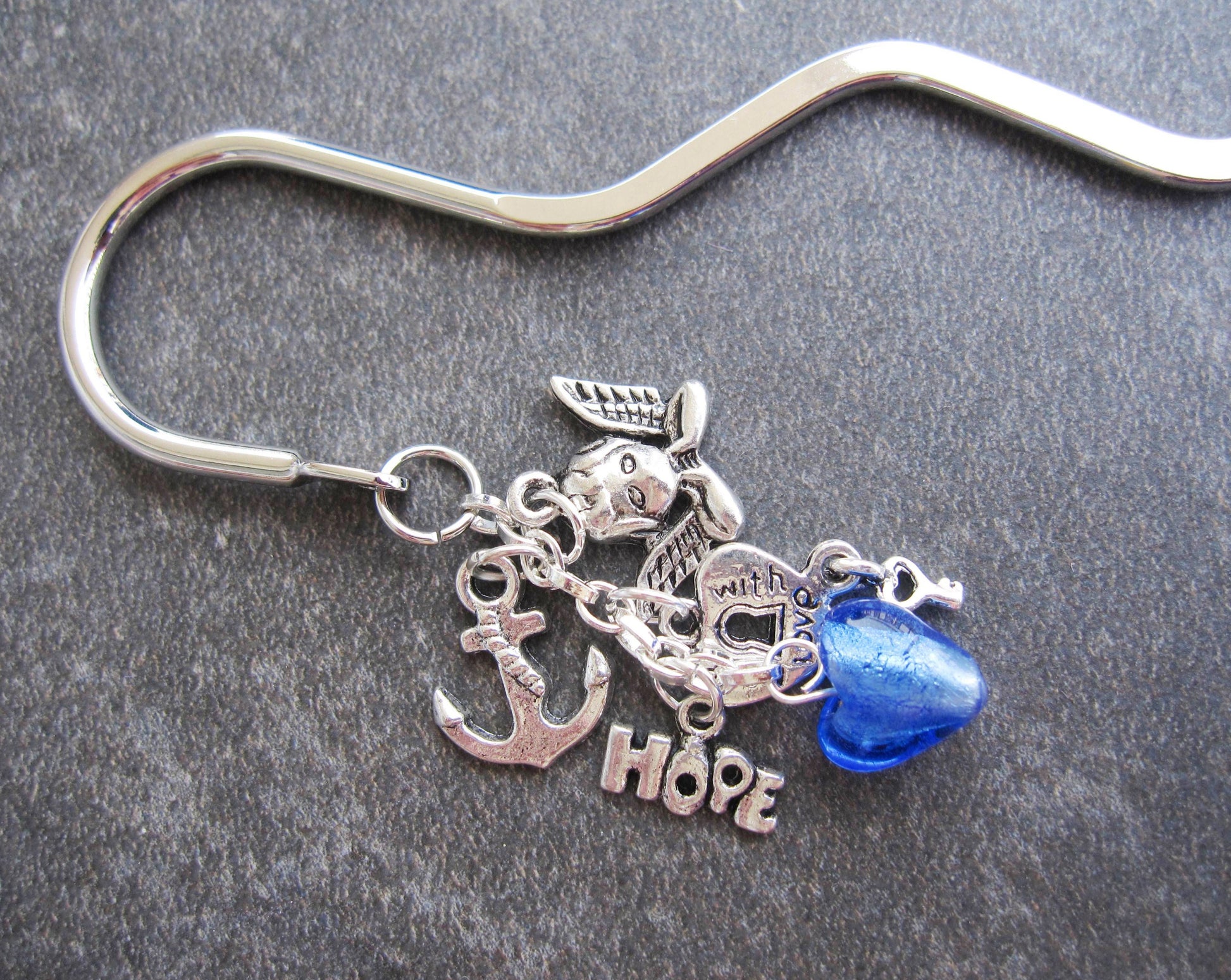 Love, Faith, Hope & Strength Bookmark, Heart, Anchor, Angel, Hope, Blue Foil Glass Heart and faith Pendants, Silver tone metal. 