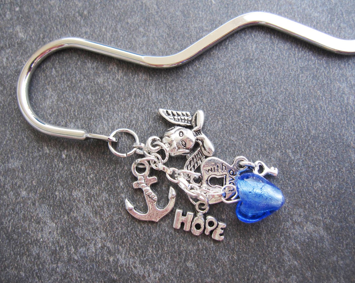 Love, Faith, Hope & Strength Bookmark, Heart, Anchor, Angel, Hope, Blue Foil Glass Heart and faith Pendants, Silver tone metal. 