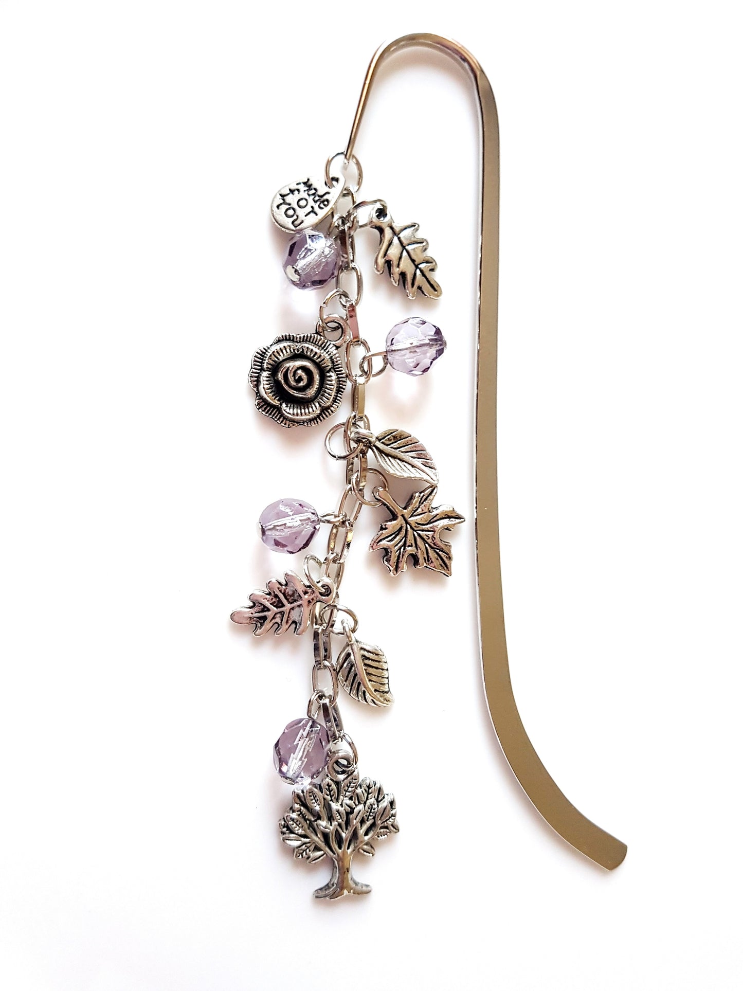 Birthstone Garden Bookmark-Gem Color Czech Fire Polished Glass-Antiqued Silver Pendants-Roses & Leafs