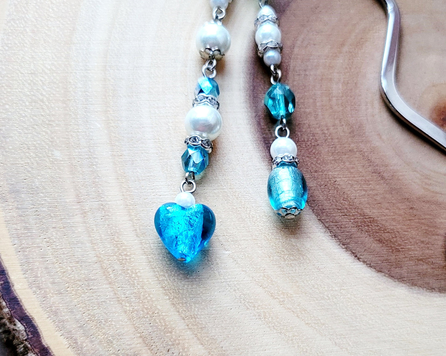 Deluxe Blue Heart, Sparkle and Pearl Beaded Bookmark, Blue Foil Glass Heart, two strands of Pearls, Crystal & Czech Fire Polished Glass