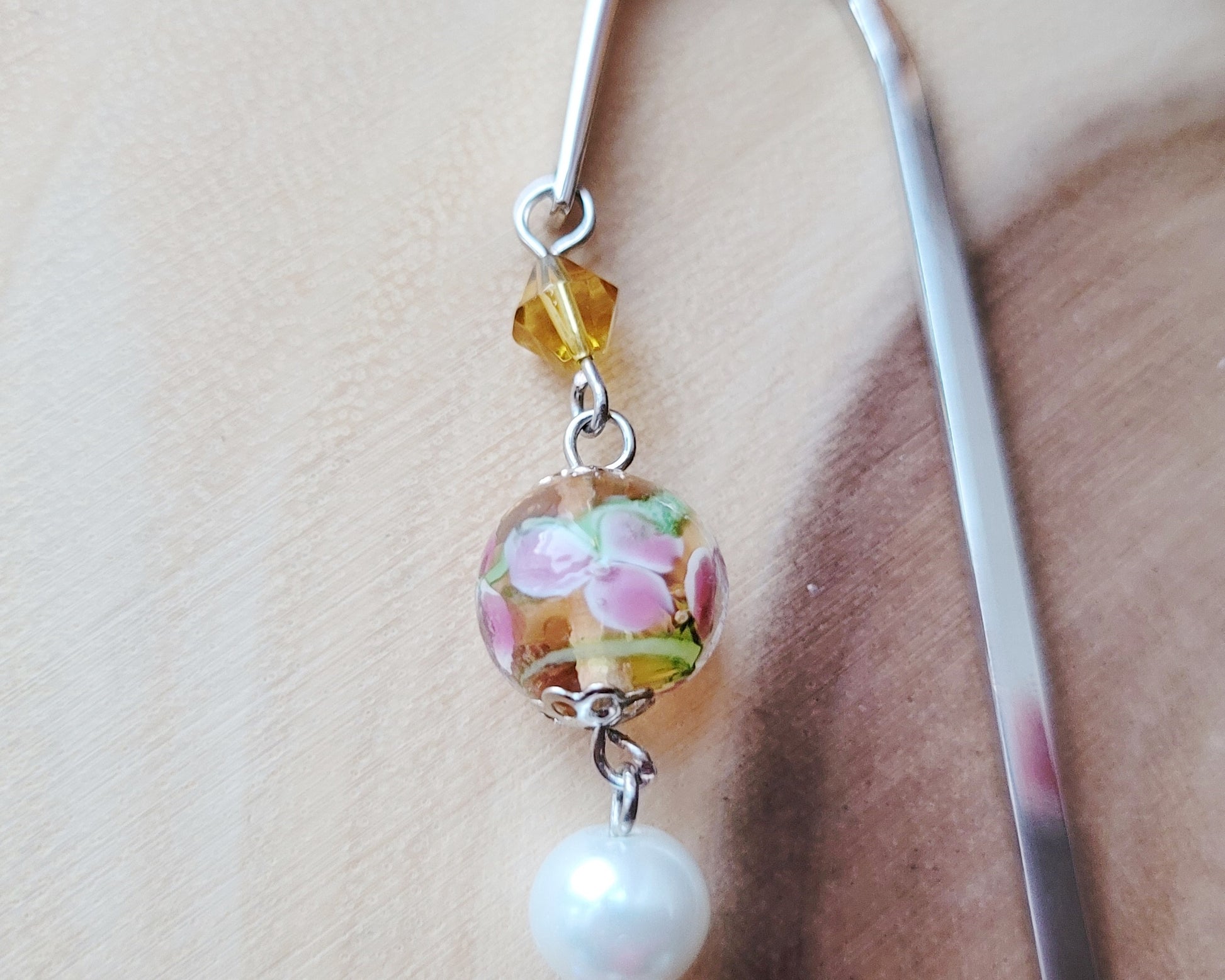 Sunny Citrine Butterfly, Pearl, Floral Sparkle Beaded Bookmark, Long Beaded Bookmark