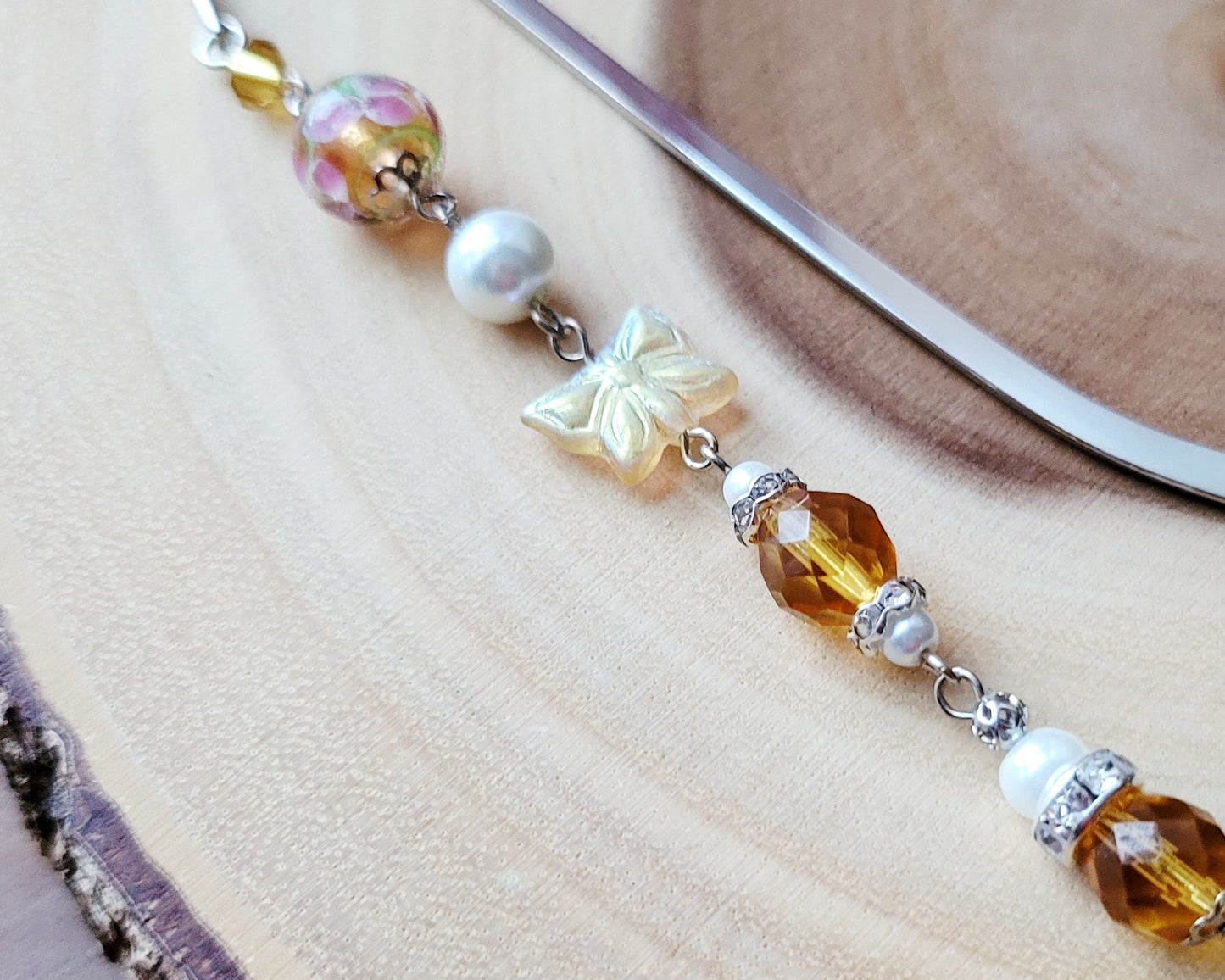 Sunny Citrine Butterfly, Pearl, Floral Sparkle Beaded Bookmark, Long Beaded Bookmark
