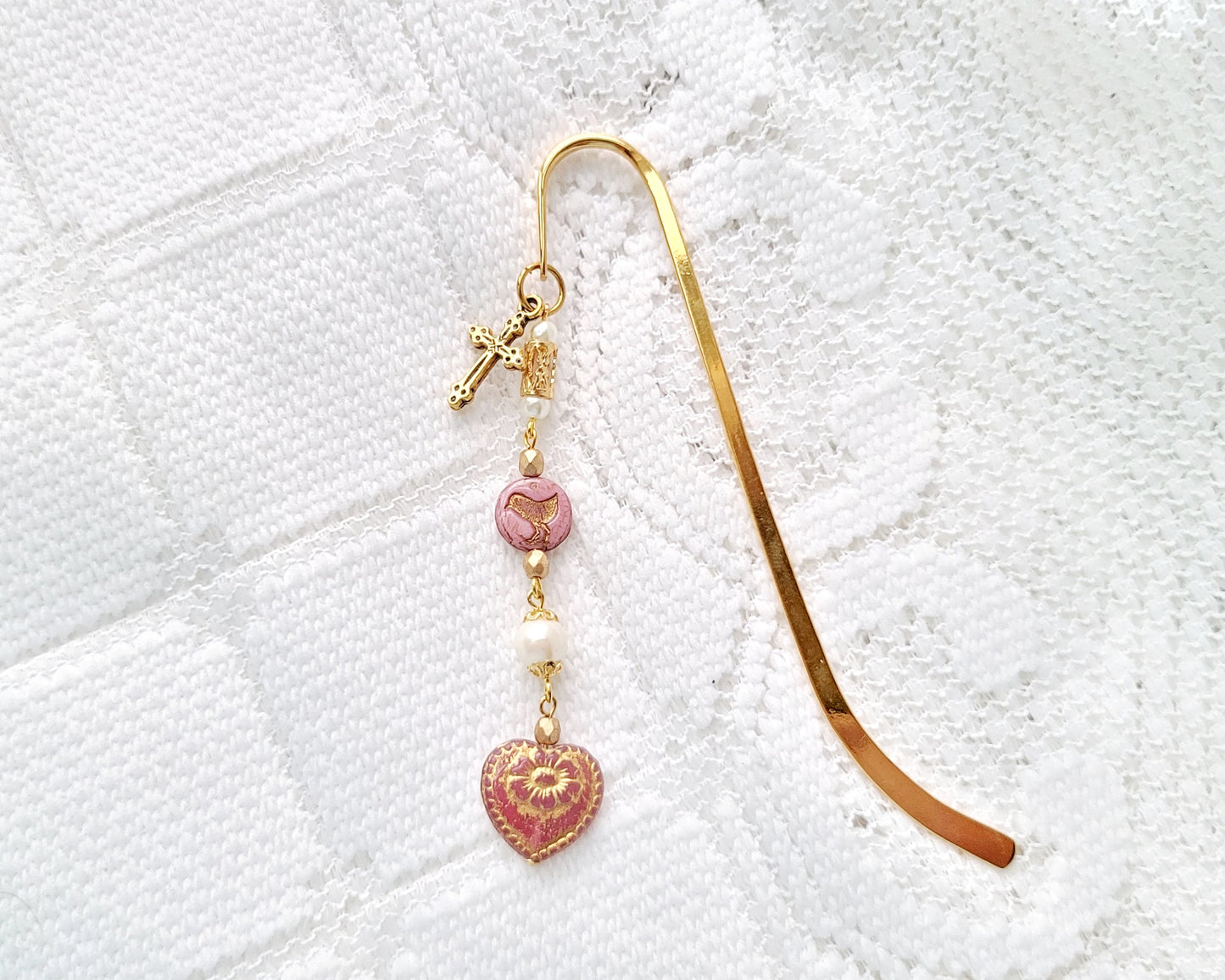 Do Not Worry, God Loves You Bookmark with Large pink heart, white pearls with filigree gold and gold cross, long gold bookmark bar
