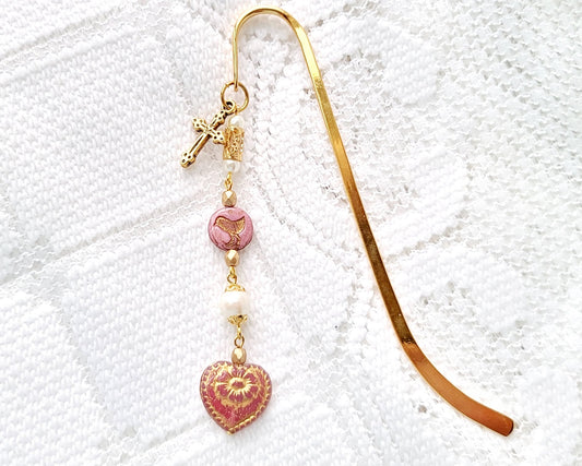 Do Not Worry, God Loves You Bookmark with Large pink heart, white pearls with filigree gold and gold cross, long gold bookmark bar
