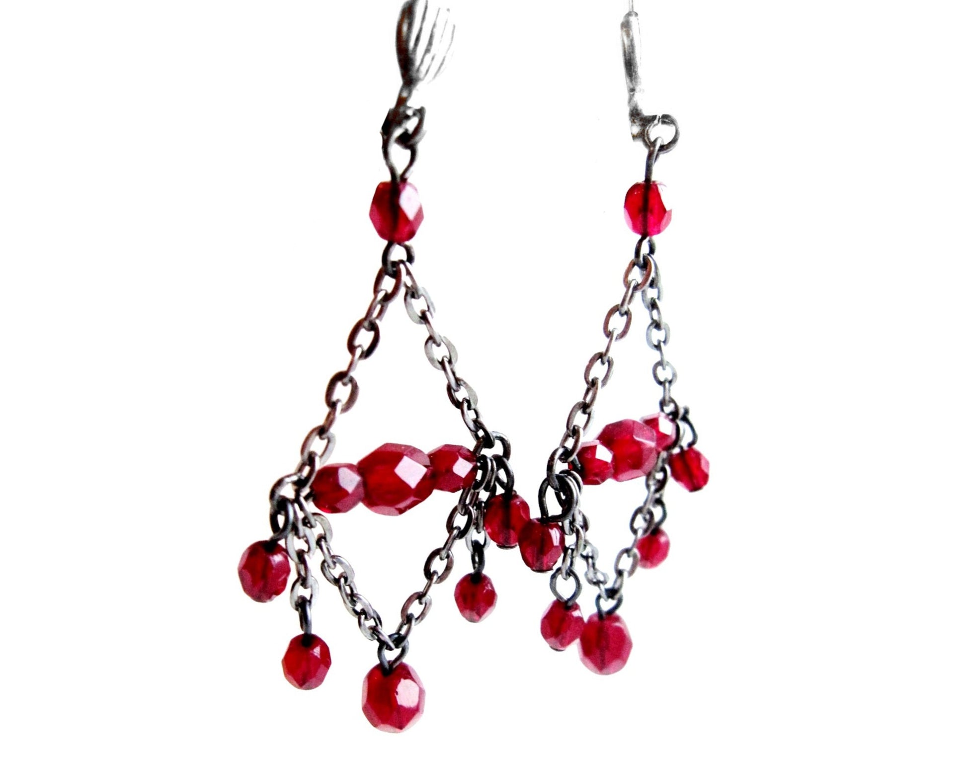 Long Victorian Garnet Red Sparkle Chandelier Earrings