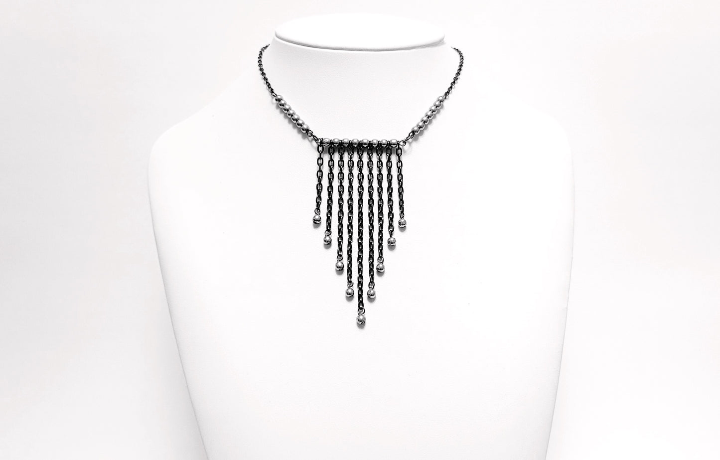 Bohemian Hematite Fringe Necklace, Black Necklace with V Shape Fringe 