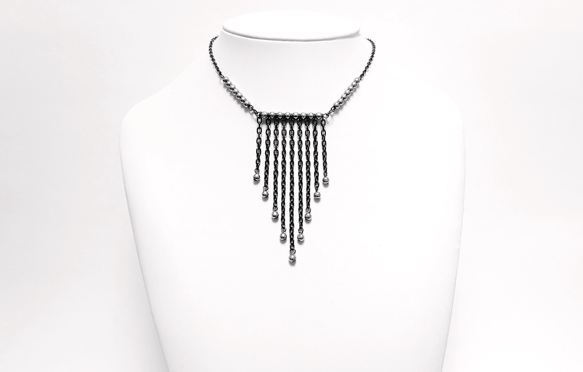 Bohemian Hematite Fringe Necklace, Black Necklace with V Shape Fringe 