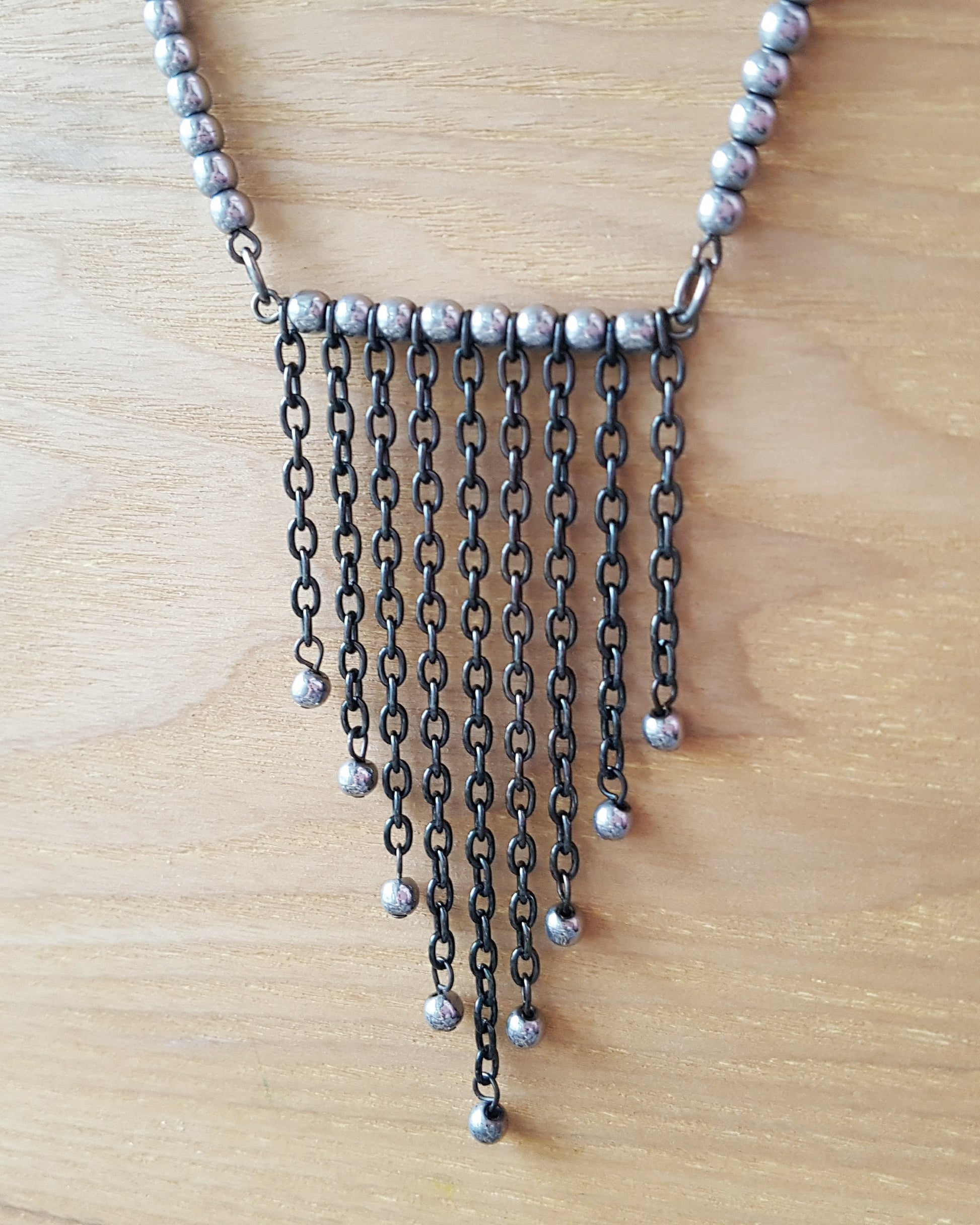 Bohemian Hematite Fringe Necklace-Handcrafted-GreyBohemian Hematite Fringe Necklace, Black Necklace with V Shape Fringe 